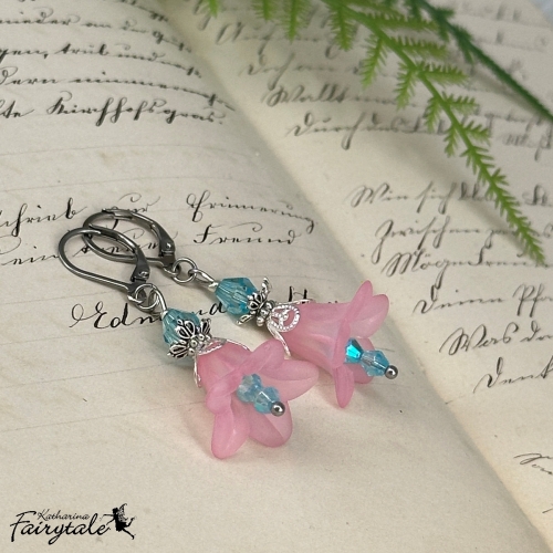 rosane türkisblaue Florale blumige Ohrringe - Ohrhänger mit Blüten und Perlen