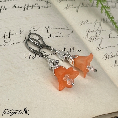 orange klar Florale blumige Ohrringe - Ohrhänger mit Blüten und Perlen