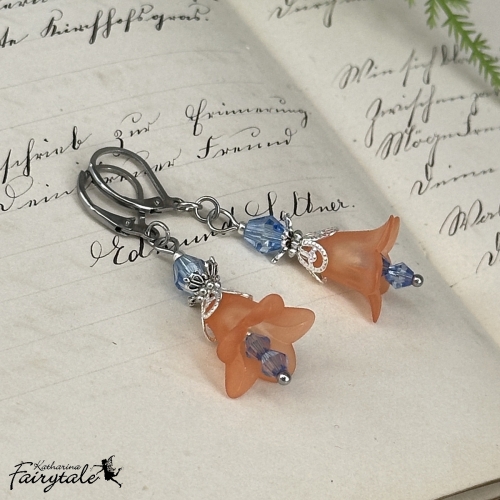 orange blaue Florale blumige Ohrringe - Ohrhänger mit Blüten und Perlen